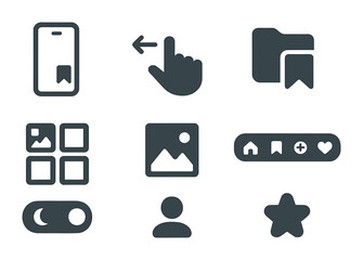 Fototapeta premium Mobile UI Icon Set. Flat icon set of mobile saved posts UI: mobile screen, swipe gesture, folder preview, grid