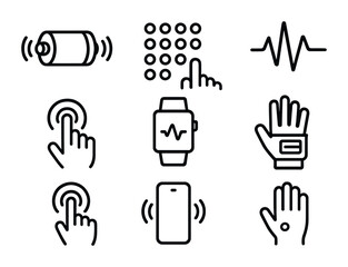 Haptic Communication Icons. Flat icon set of haptic communication: vibration motor, tactile pattern, pulse