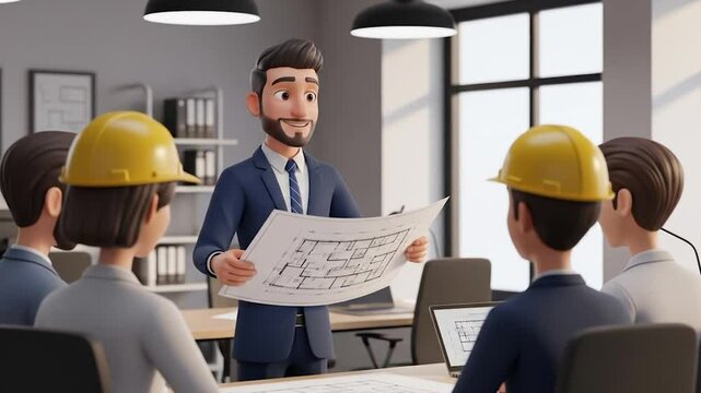 Animated Architect Presents Building Plans to Team in Modern Office Setting Video