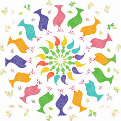 A charming circular design featuring stylized birds and leaf accents in vibrant colors, perfect for branding and creative projects.