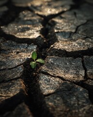 Close-up of dried, cracked soil texture with a single green sprout during a drought, cinematic warm lighting, dynamic composition, storytelling moment showing hope, realistic textures and soil detail