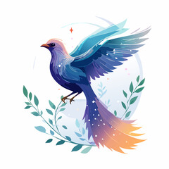 Obraz premium An elegant blue bird takes flight, surrounded by botanical elements, ideal for logo, invitation, and print design projects, with a unique aesthetic.