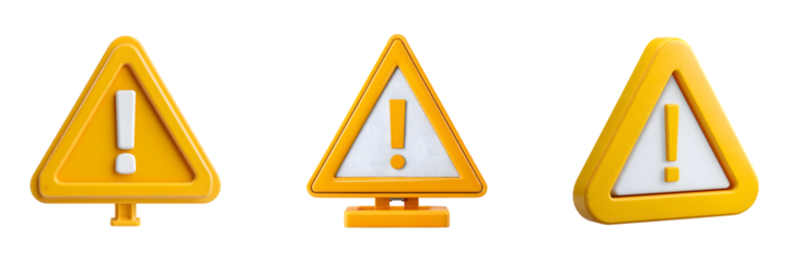 Set of Yellow triangular warning sign with a white exclamation mark isolated on transparent background, in PNG format, cut out
