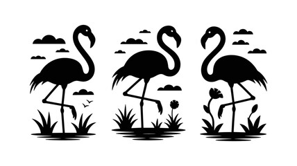 Exotic Silhouette: Artistic depictions of three majestic flamingoes in a captivating and aesthetic monochromatic style. Showcasing grace and charm, this picture is perfect for elegant design.
