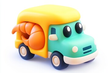 3D cartoon lobster roll truck with buttered bun and red claw in ultra-high-definition isometric view on white background