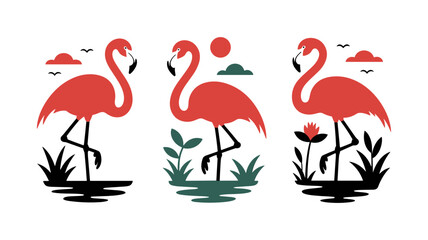 Tropical Silhouette: A trio of elegant flamingos, rendered in a vibrant, eye-catching illustration, stand amidst stylized flora and fauna, celebrating the beauty of the tropical landscape.