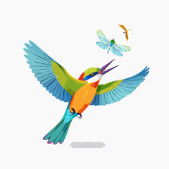 Fototapeta premium A vibrant bird design, featuring a colorful bee-eater in flight with stylized wings and dynamic dragonflies, perfect for wildlife projects.