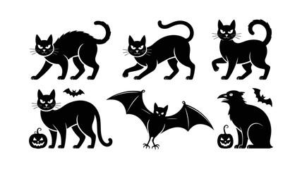 Shadows of Halloween: A collection of black cats and a bat silhouette, capturing the spooky spirit of Halloween in simple lines and shapes.
