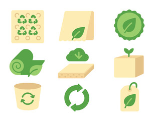 Eco Insulation Icons. Flat icon set of eco-friendly insulation: recycled wrap, sustainable foam, green label,