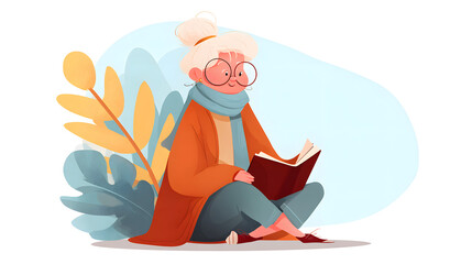 Old woman sitting cross-legged and reading book. Cute naive clip art with senior woman, who loving read. National Book Day. Cartoon female character for card, sticker, banner. Vector illustration.