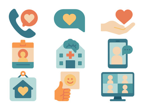 Mental Health Icon Set. Flat icon set of mental health support: hotline phone, chat bubble, support hand,