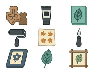 DIY Fabric Printing Icons. Flat icon set of DIY fabric printing techniques: wooden stamps, block printing ink,