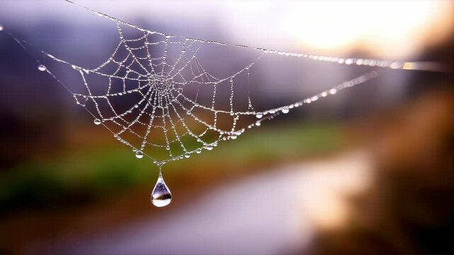Spider web with morning dew drop glistening in soft sunlight, nature close up outdoors, delicate and peaceful atmosphere, blurred path and bokeh background, spider web detail in morning sunlight