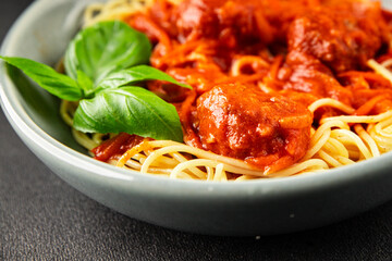 Spaghetti meatballs tomato sauce Italian recipe fresh delicious gourmet food background on the table rustic food top view copy space
