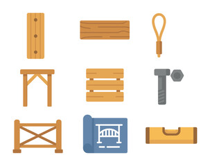 Wooden Bridge Icons. Flat icon set of wooden bridge construction: bridge slat, wooden beam, suspension cable,