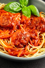 Spaghetti meatballs tomato sauce Italian recipe fresh delicious gourmet food background on the table rustic food top view copy space