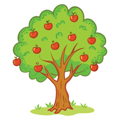 Illustration of a cartoon apple tree with red apples and green leaves for kids and educational resources