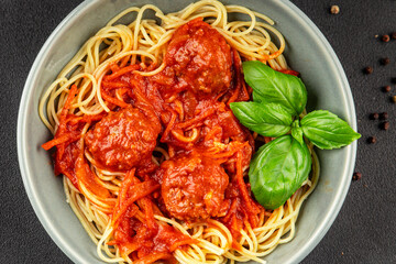 Spaghetti meatballs tomato sauce Italian recipe fresh delicious gourmet food background on the table rustic food top view copy space