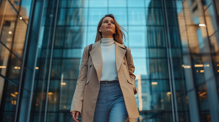 Fototapeta premium female entrepreneur walking confidently into modern building