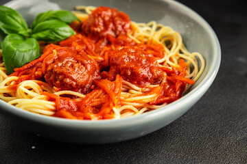 Spaghetti meatballs tomato sauce Italian recipe fresh delicious gourmet food background on the...