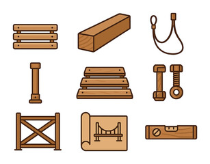 Fototapeta premium Wooden Bridge Icon Set. Flat icon set of wooden bridge construction: bridge slat, wooden beam, suspension