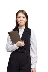Confident professional woman holding a tablet while showcasing her stylish outfit in a minimalist...