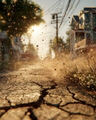 Close-up of a cracked dirt road with dust and debris flying in the air, on a sunny day. In the background, there are street lights and houses. 