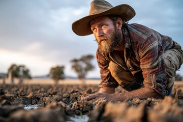 Farmer inspecting dry soil with worried expression in rural background during a drought, cinematic warm lighting, storytelling moment showing concern, realistic textures and soil cracks.