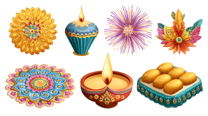 Diwali celebration objects: diyas, fireworks, sweets, and rangoli, isolated on white background
