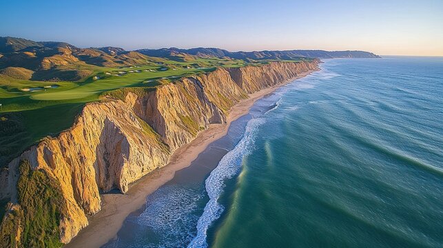 Dramatic coastal cliffs meet a tranquil ocean, with a golf course nestled amongst the land.  Sunrise hues paint the scene, showcasing a serene coastal landscape