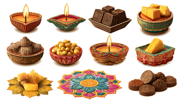 Diwali celebration objects: diyas, fireworks, sweets, and rangoli, isolated on white background