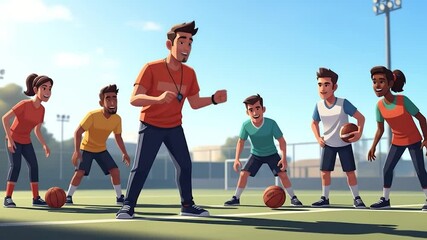 Animated Basketball Training Session: Coach Instructs Diverse Team on Outdoor Court