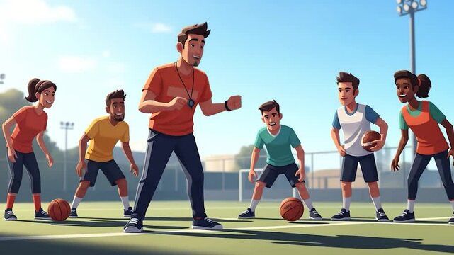 Animated Basketball Training Session: Coach Instructs Diverse Team on Outdoor Court