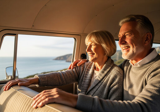 Senior couple on a road trip, enjoying the coastal view from their van - Powered by Adobe