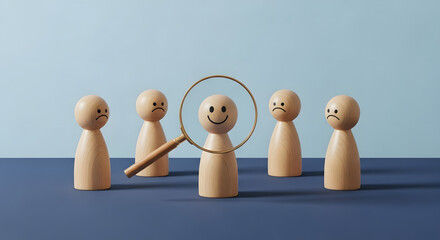 Happy wooden figure with magnifying glass highlighting it among sad figures, symbolizing positivity and focus in a group, wooden toy people on blue background.