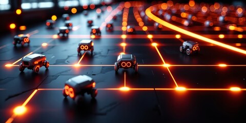 A large fleet of autonomous delivery robots moves in synchronized patterns inside a smart logistics facility, showcasing advanced swarm robotics coordination in a high-tech industrial environment.