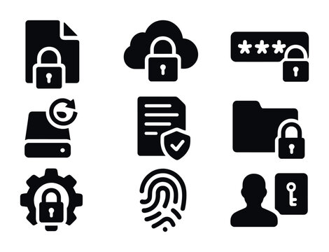Data Protection Icons. Solid, filled icons set of data protection tools: encrypted file, secure cloud,