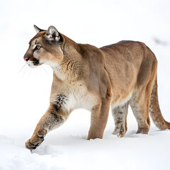 Obraz premium A majestic cougar walks through the snow, its powerful form isolated on a transparent background
