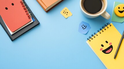 Colorful stationery and coffee flat lay