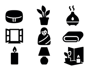 Peaceful Recovery Icons. Solid, filled icons set of peaceful recovery space: meditation cushion, indoor plant,