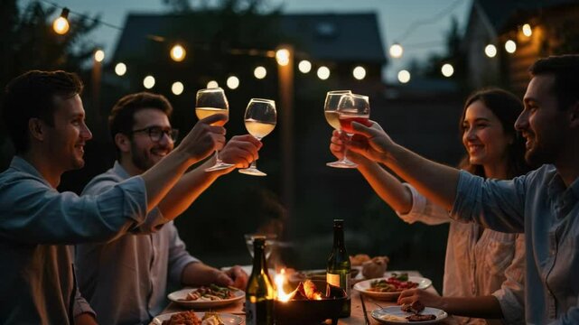 Group of Friends Celebrating with Drinks Around a Fire Pit on a Warm Evening in a Cozy Outdoor Setting with String Lights