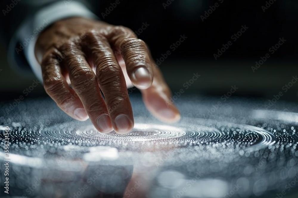 Poster hand interacting with illuminated surface creating dynamic patterns in a dark environment