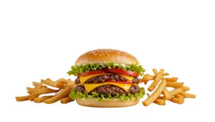 Close up of a double cheeseburger with lettuce tomato and fries on a black background studio shot