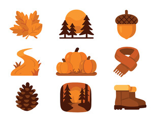 Autumn Forest Icons. Solid, filled icons set of autumn forest trail ambiance: fallen leaves, orange sunlight,