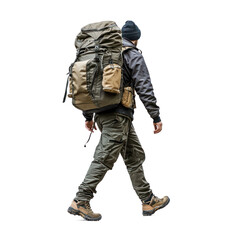 Fototapeta premium Backpacker navigates a forest path, carrying a large backpack filled with essentials. full length isolate on transparent background
