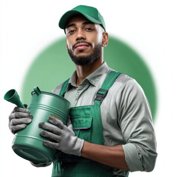 Gardener with Watering Can: A portrait of a confident gardener, holding a green watering can, ready to nurture life.  He exudes a sense of calm and expertise.