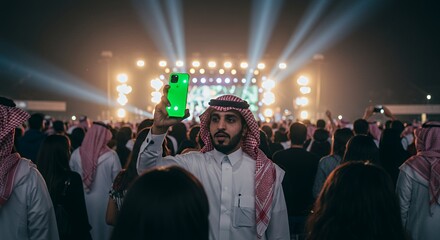 Man in Traditional Dress Captures Concert Moment on Smartphone