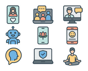 Digital Mental Health Icons. Flat icon set of digital mental health tools: mobile therapy app, virtual support