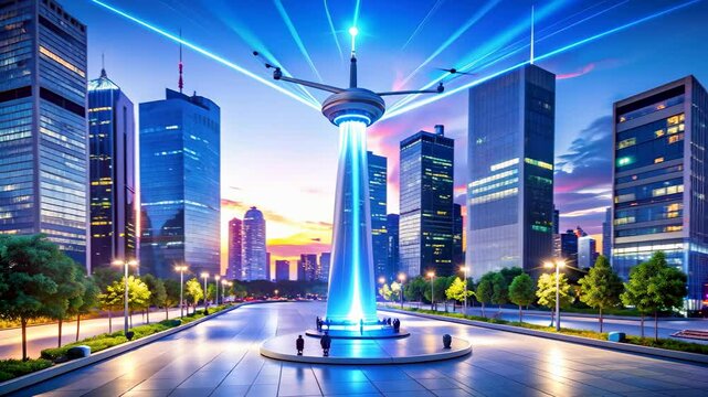 Futuristic wireless energy transfer hub in a smart city, emitting glowing blue energy beams to surrounding infrastructure, symbolizing sustainable urban power distribution.