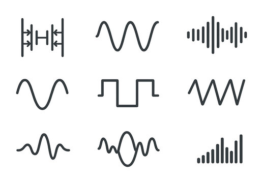 Sound Wave Icons. Flat icon set of types of sound waves: longitudinal wave, transverse wave, pressure wave,